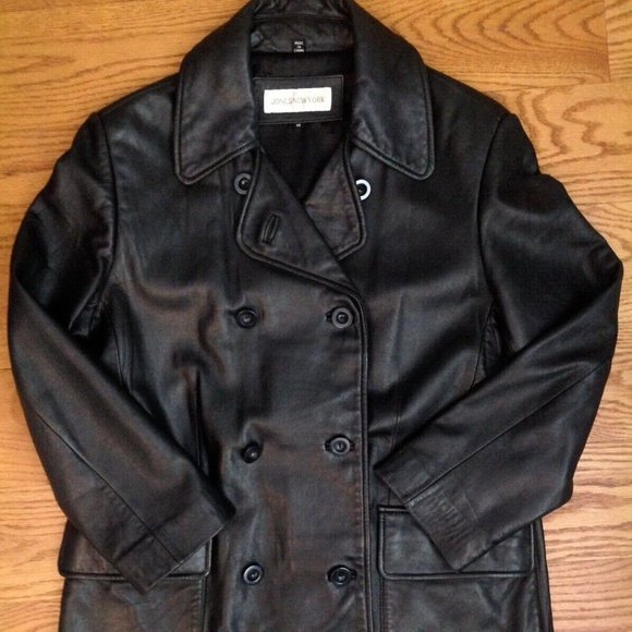 JONES NEW YORK BLACK LEATHER PEACOAT JACKET WOMENS M BUTTON UP DOUBLE BREASTED - Picture 14 of 15